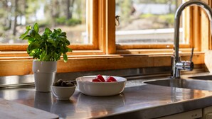A kitchen counter with a potted basil plant, a bowl of olives, and a bowl of cherry tomatoes. - Hölick Tallen 1 by Interhome (Hölick)