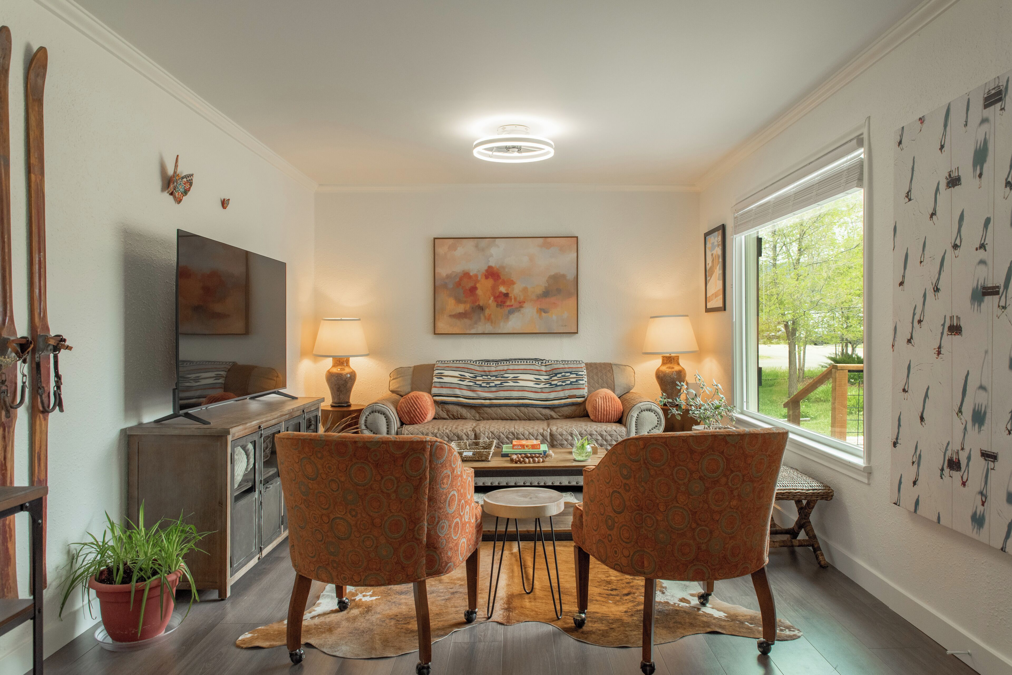 Smart TV, fireplace, books, offices