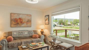 Smart TV, fireplace, books, offices