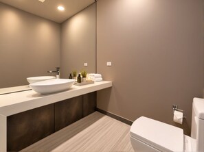 A modern bathroom with a large white sink, a mirror, and a toilet.