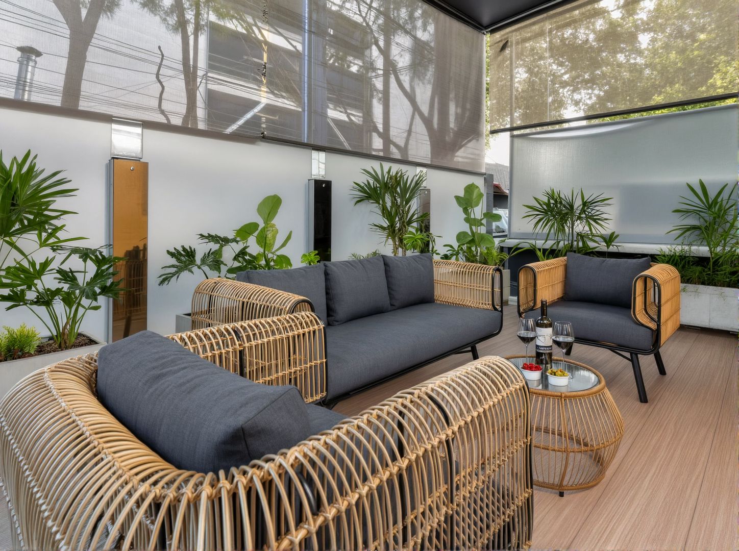 A modern outdoor seating area with a grey sofa, wicker chairs, and a glass table with drinks.