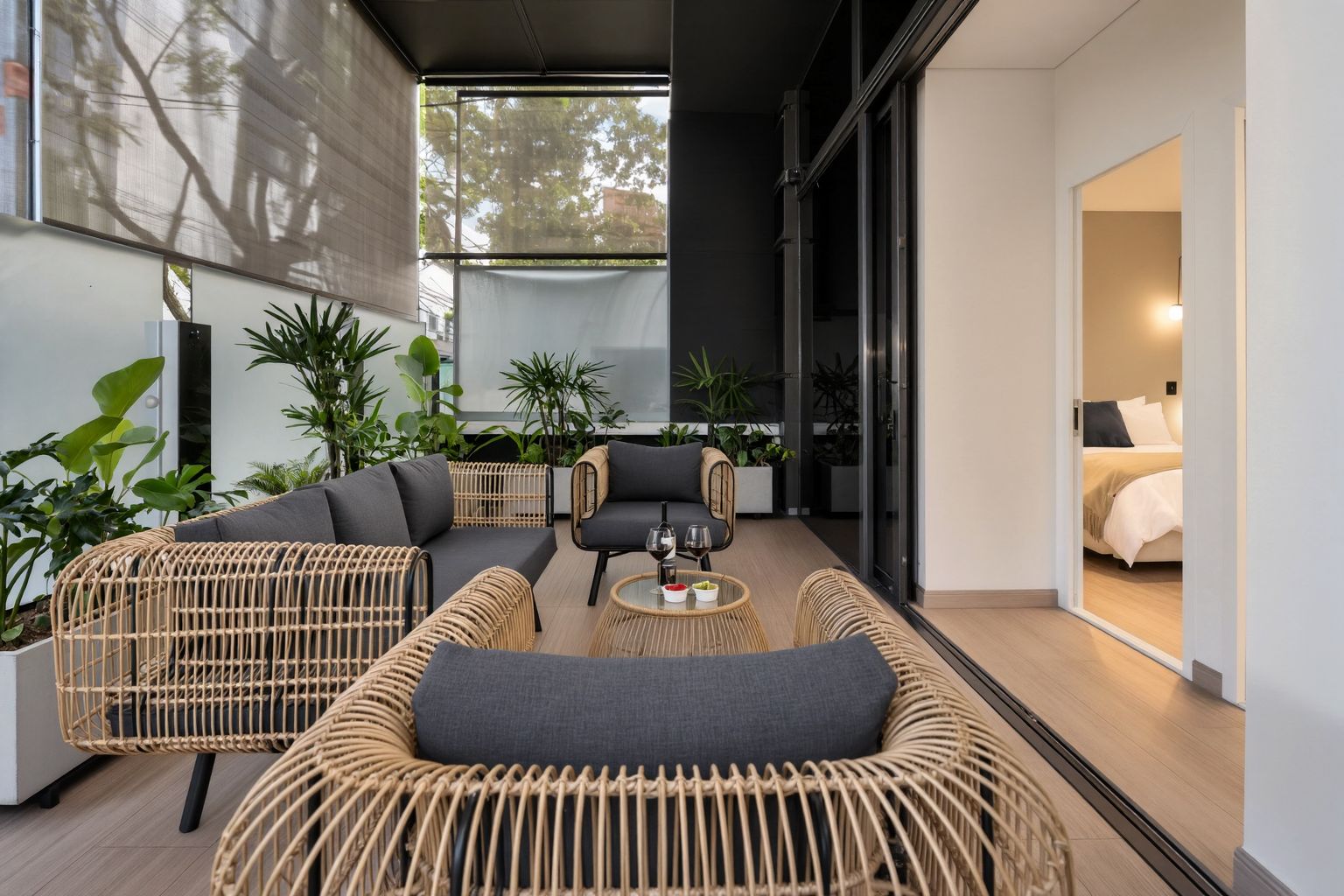 A modern outdoor seating area with wicker furniture and a glass door leading to a bedroom.