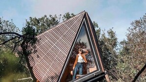 A triangular house with a large glass window, surrounded by trees. - Kudhva 3 (Tintagel)