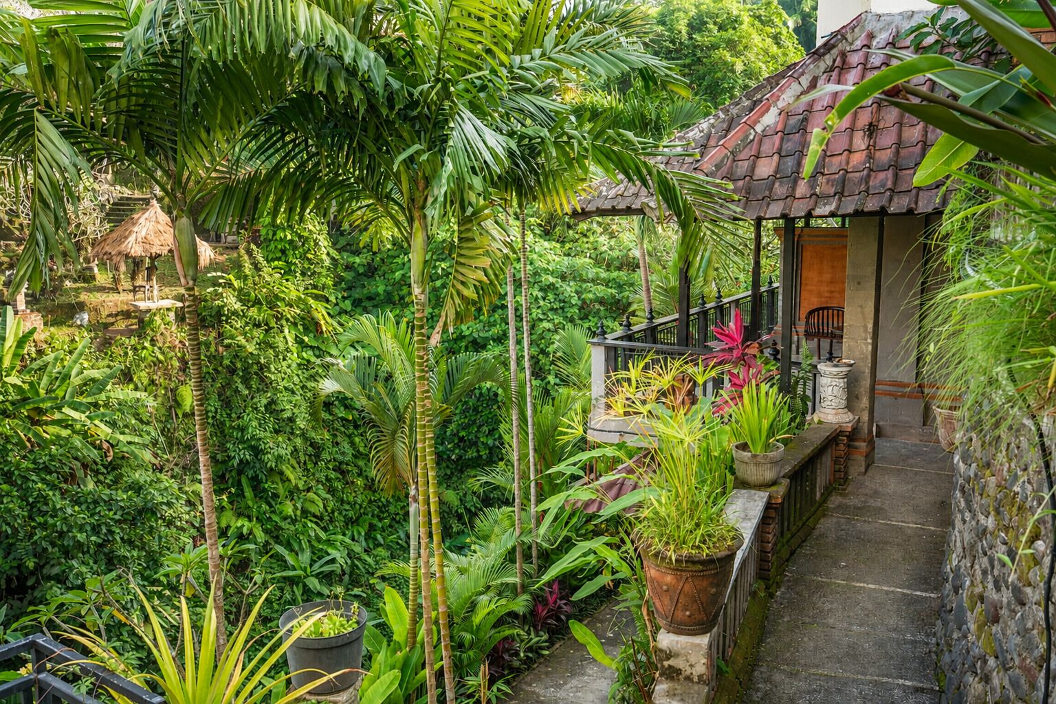 Un jardin luxuriant avec un sentier de pierres menant à un bâtiment doté d’un toit en tuiles.