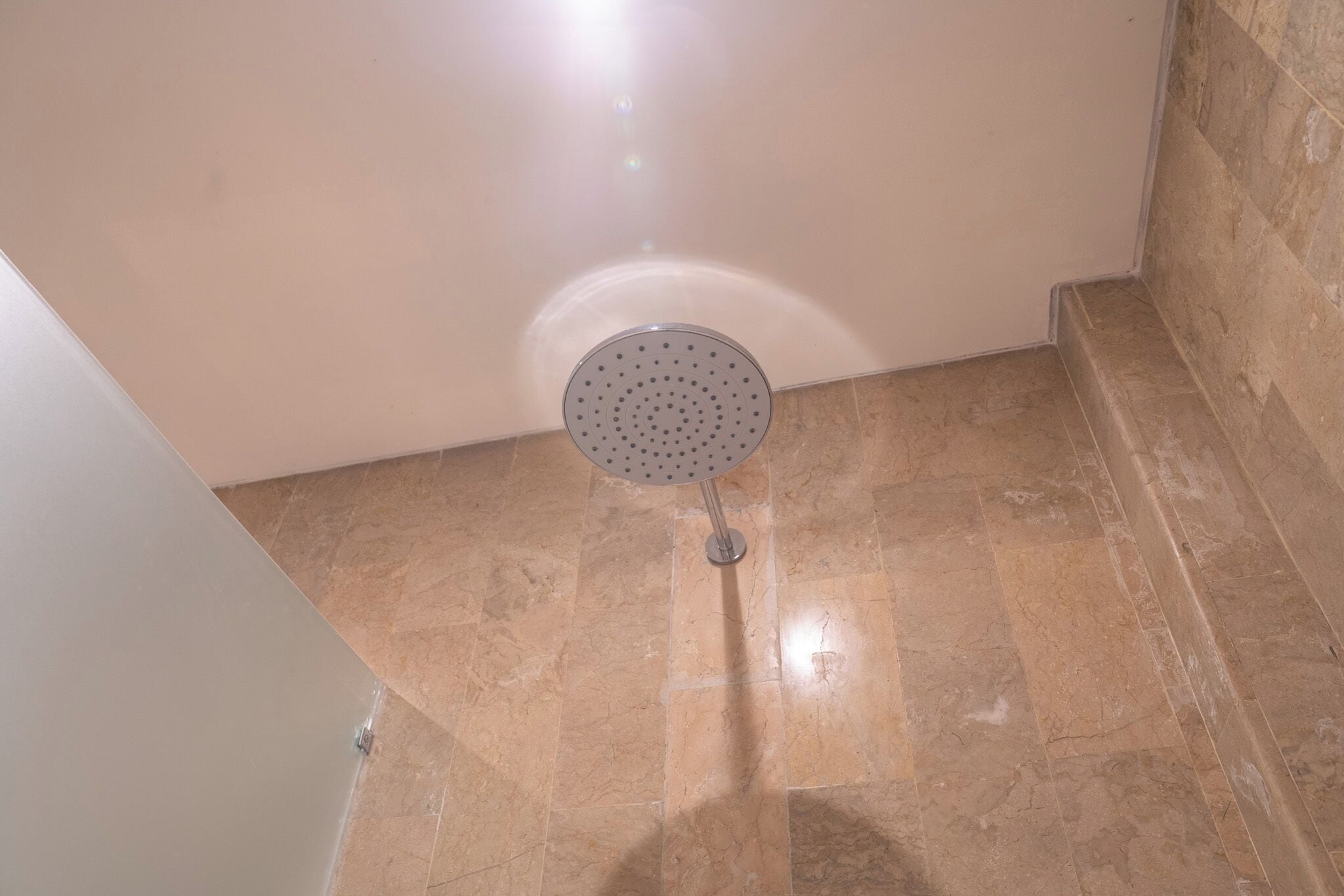 A showerhead mounted on a tiled wall in a bathroom.