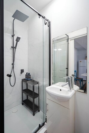 Shower, hair dryer, towels