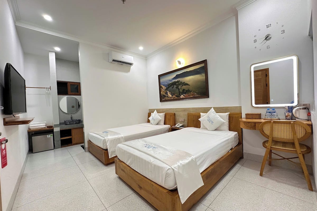Habitación de hotel con dos camas, un escritorio, una silla, un televisor, un espejo y un cuadro.
