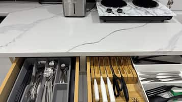 Fridge, microwave, stovetop, coffee/tea maker