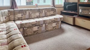 Un salon avec un canapé, un téléviseur et des meubles de rangement.