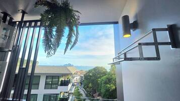 A modern balcony with a view of the sea, a hanging plant, and a metal railing.