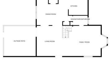 Plano de planta de una casa principal con comedor, cocina, sala de estar, sala familiar, patio exterior y baño en la planta baja.