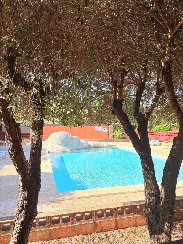 Una piscina con agua cristalina azul, rodeada de árboles y un muro rojo al fondo.