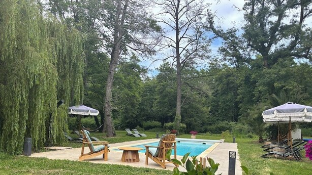 A backyard with a swimming pool, lounge chairs, and umbrellas. - GÎTES TERRA DI A BRAVONA (Linguizzetta)