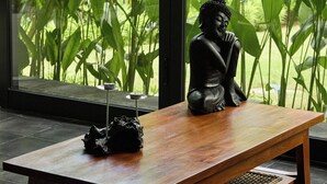 A statue of a seated figure on a wooden table in a room with a large window overlooking a garden.