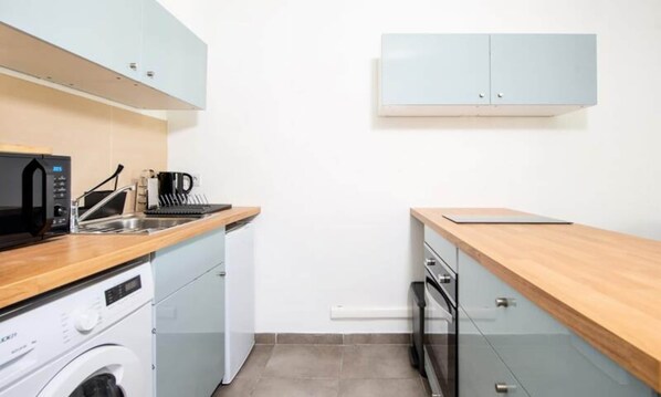 Fridge, microwave, oven, electric kettle