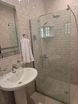 Een douche, een haardroger, een bidet, handdoeken