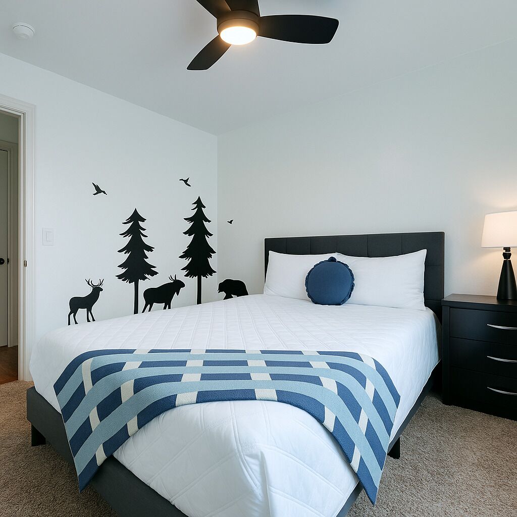 Un dormitorio con cama, ventilador de techo, mesita de noche y una pared decorada con motivos naturales.