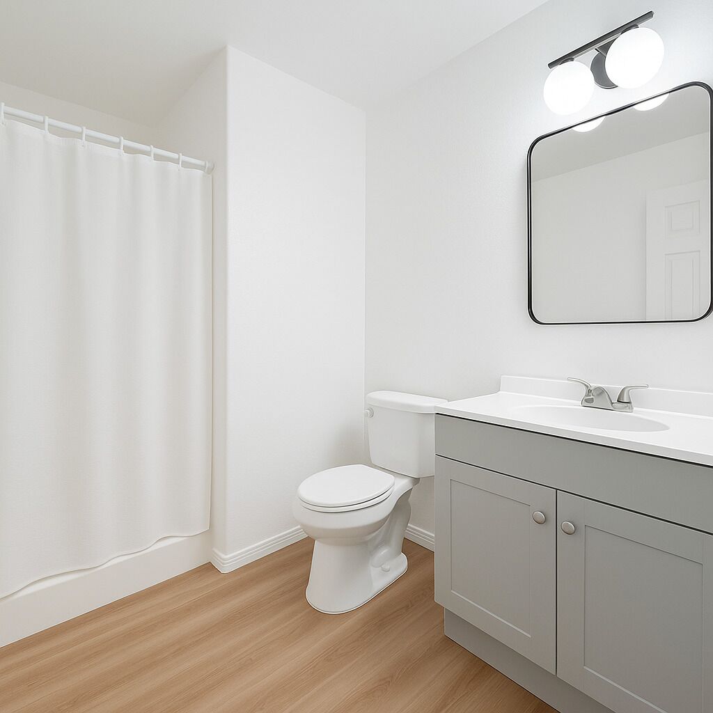 A modern bathroom with a toilet, sink, and mirror.