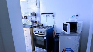Une cuisine de taille réduite équipée d’une cuisinière à gaz, d’un four, d’un four à micro-ondes et d’un réfrigérateur.