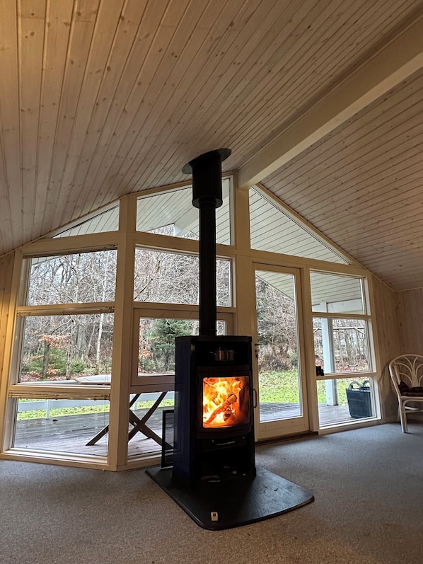 A room with a wood-burning stove, large windows, and a high ceiling.