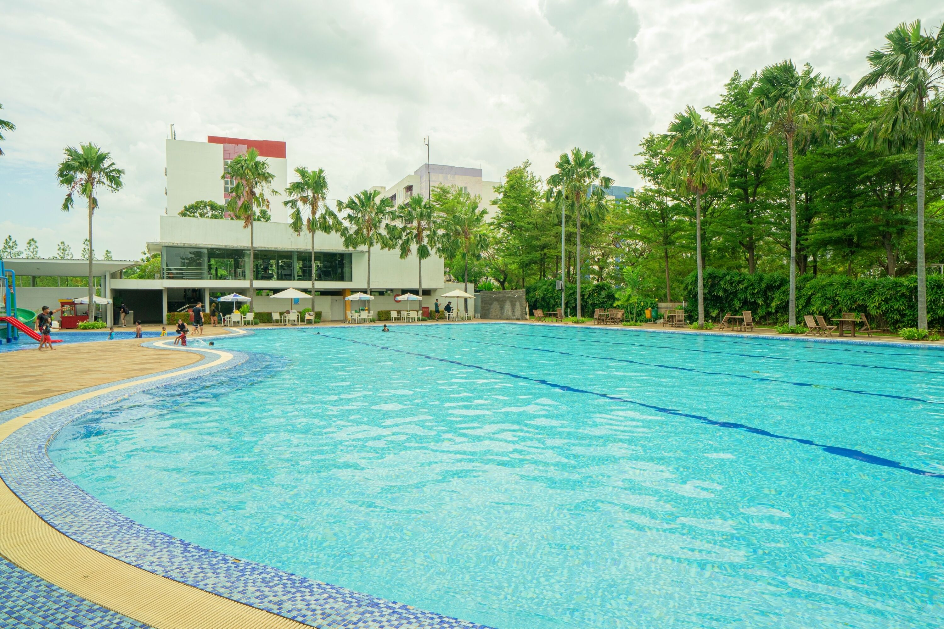 A large swimming pool with a tiled edge, surrounded by palm trees and a building with a modern design.