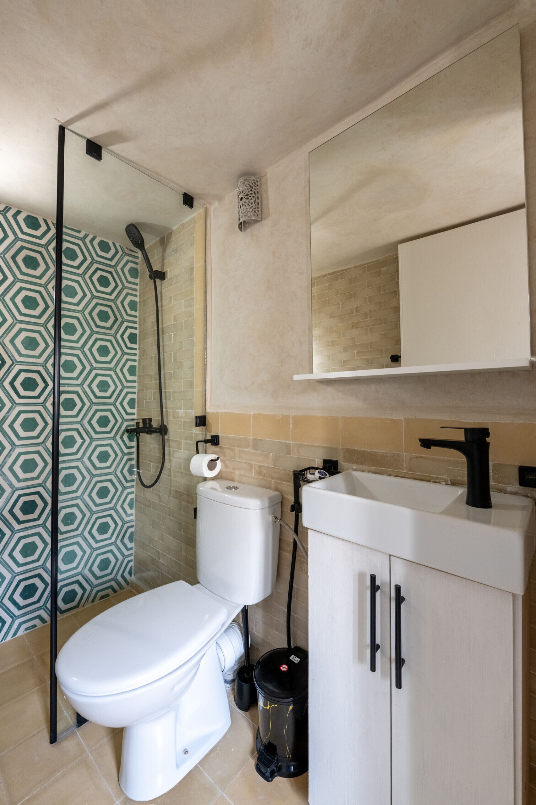 Shower, hair dryer, towels, shampoo