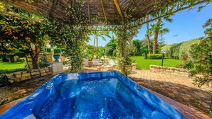 Un bain à remous dans un jardin, avec une pergola au-dessus et une pelouse bien entretenue.