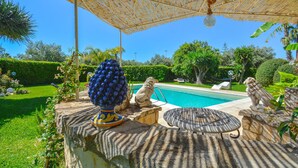 Un espace aménagé au bord de la piscine, avec une table en pierre, une sculpture décorative représentant des raisins et une statue de lion en pierre.