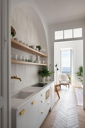 Fridge, microwave, oven, coffee/tea maker