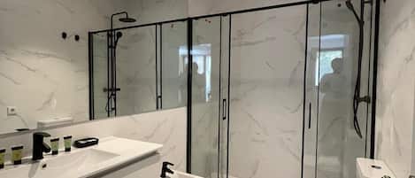 Shower, hair dryer, bidet, towels
