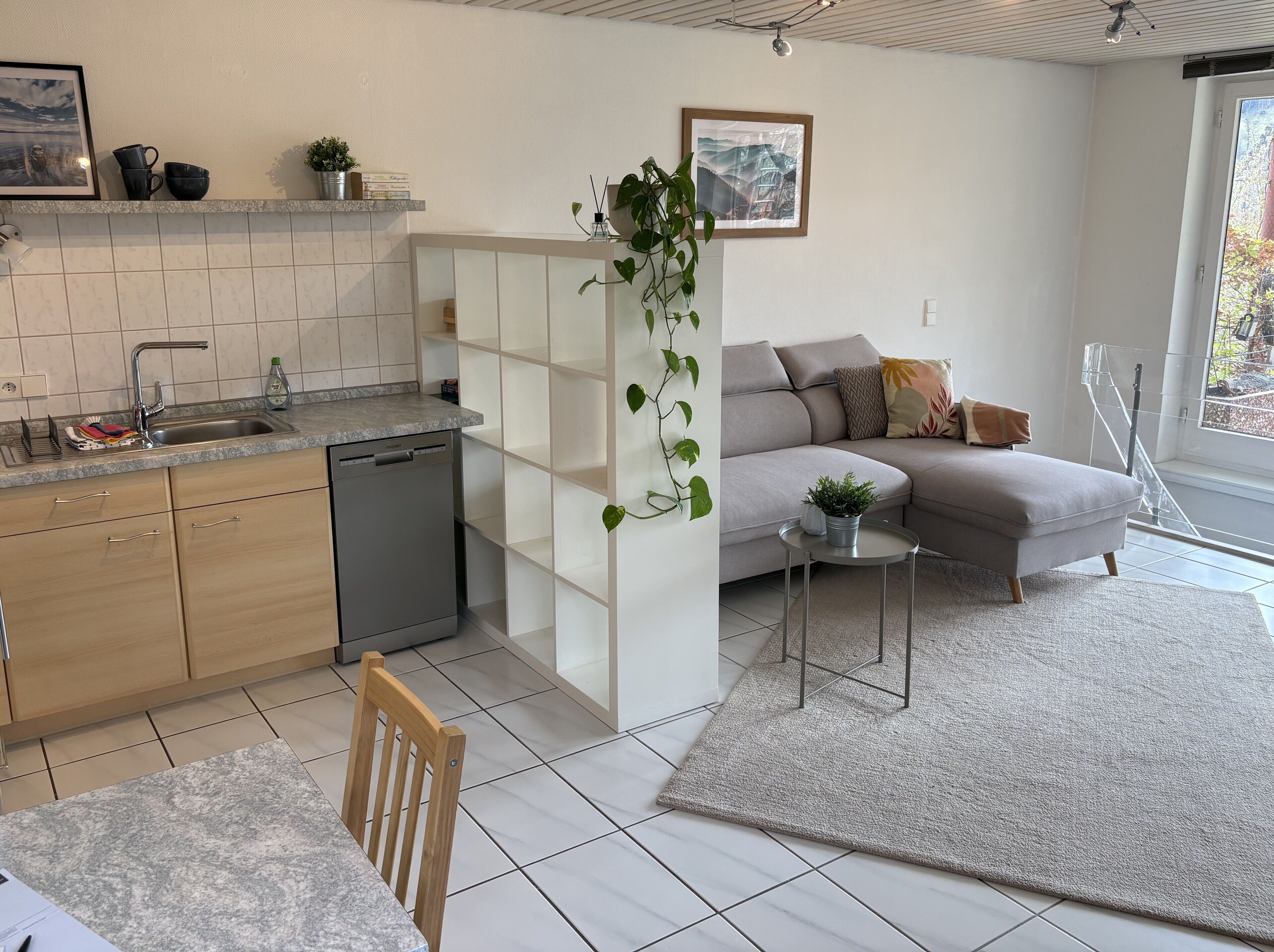 A modern kitchen with a dishwasher, a dining area with a chair, a sofa, and a small table.