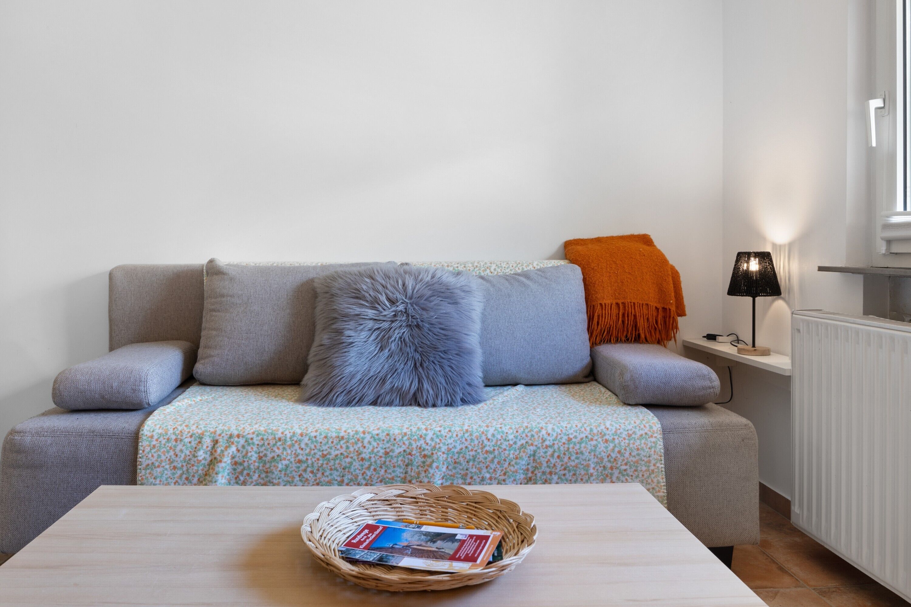 A living room with a sofa, a table, a lamp, and a radiator.
