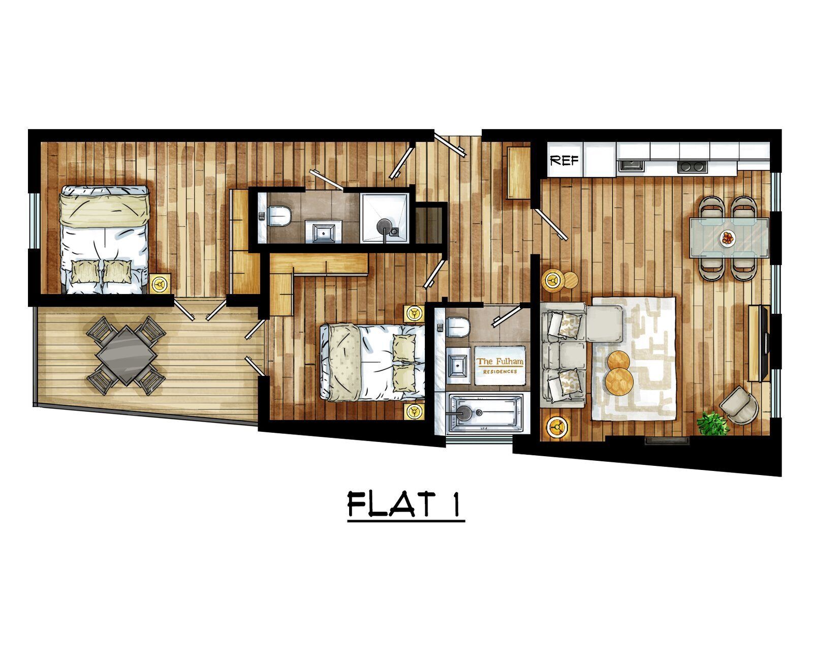 A flat with a wooden floor, a bed, a small bathroom, a kitchen area, and a dining table.