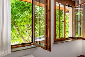 A room with a large window, a white wall, and a wooden window frame.