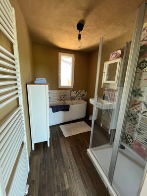 Shower, hair dryer, towels