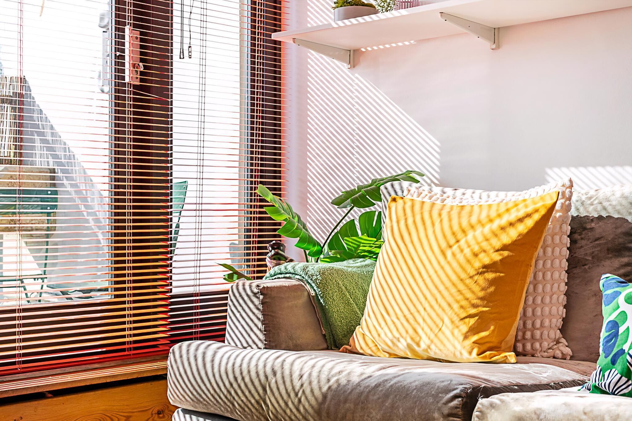 Una sala de estar acogedora con un sofá, cojines, una planta verde y una ventana con persianas.