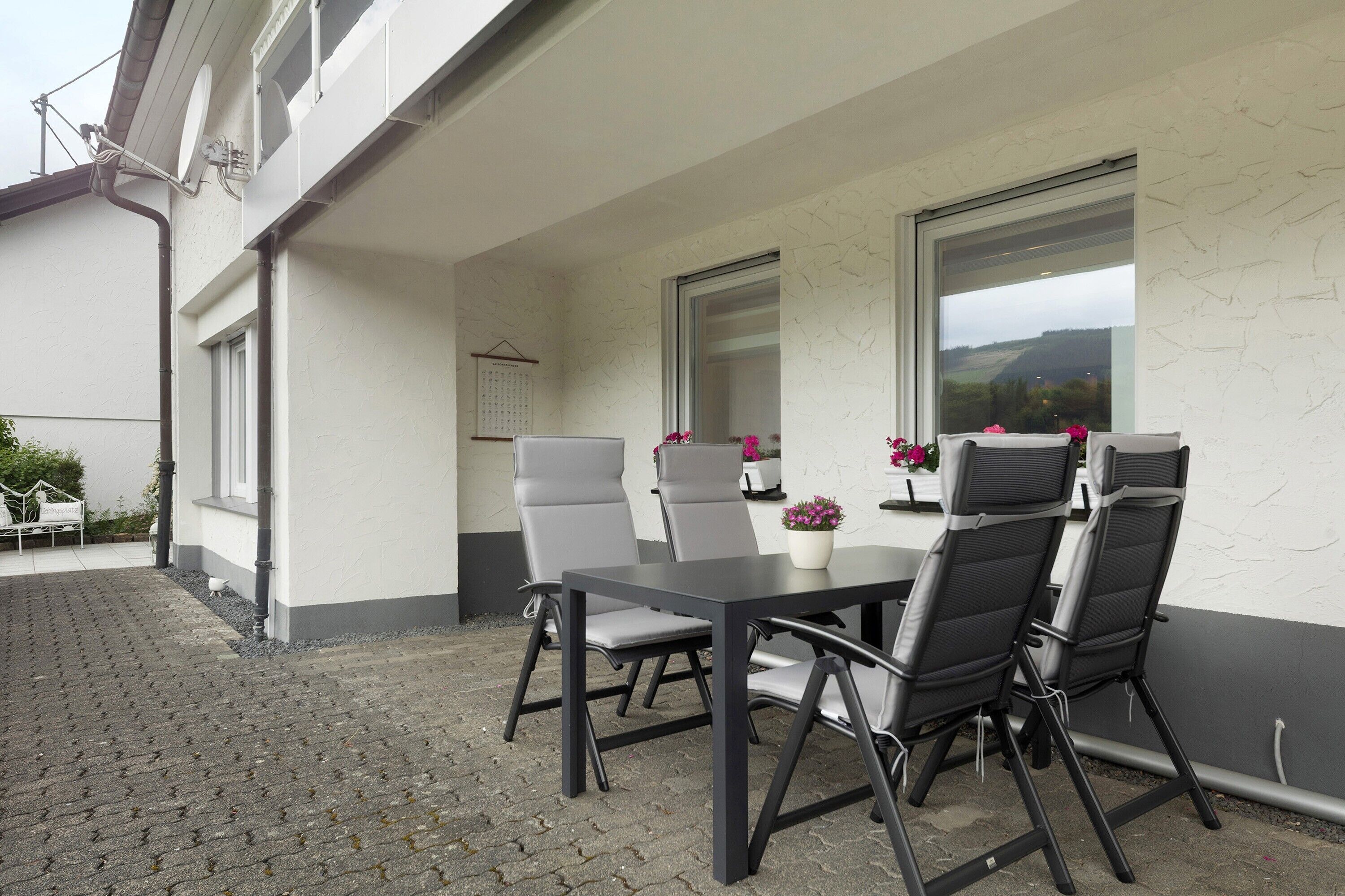Un patio al aire libre con una mesa, sillas, una planta en maceta y vistas del campo a través de una ventana.