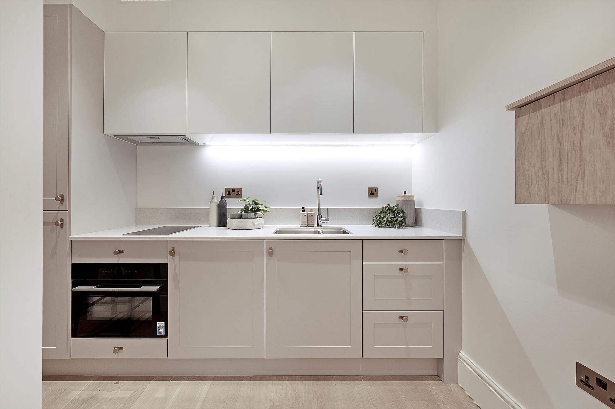 A modern kitchen with white cabinetry, a built-in oven, a sink, and a countertop with a plant and a soap dispenser.