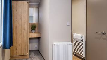A bedroom with a wooden wardrobe, a small bedside table with a plant, a radiator, and a door leading to another room.