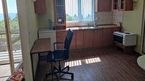 A kitchen with wooden cabinets, a sink, a stove, and a dining area with a chair. - Oceonviev Retreat (Varna)