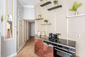 Apartment, City View | Private kitchen | Fridge, microwave, oven, stovetop