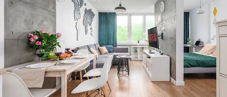 Apartment, Courtyard View | Desk, laptop workspace, blackout drapes, iron/ironing board