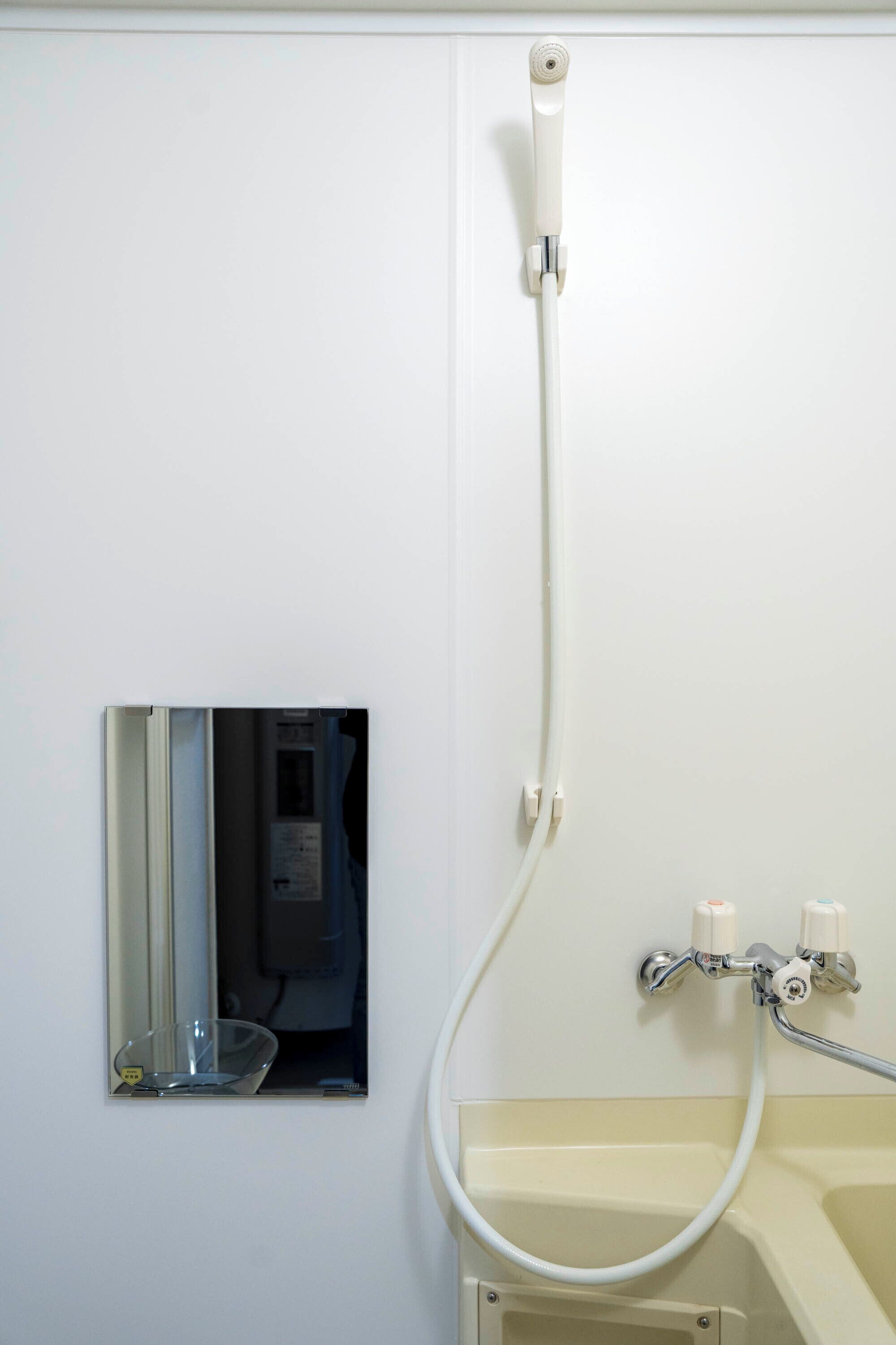 A bathroom with a shower, sink, and mirror.
