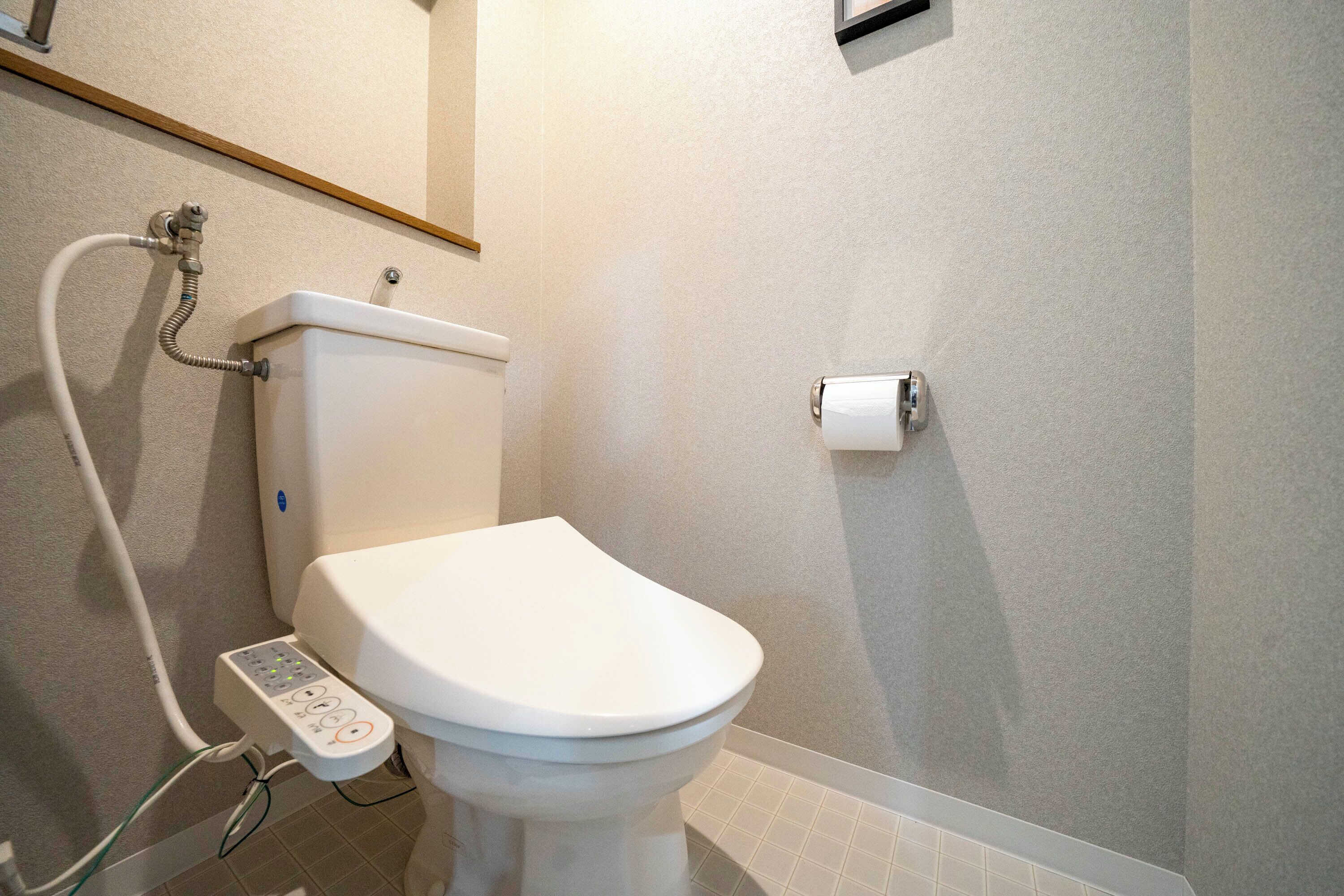 A modern bathroom with a toilet, a toilet paper holder, and a control panel.