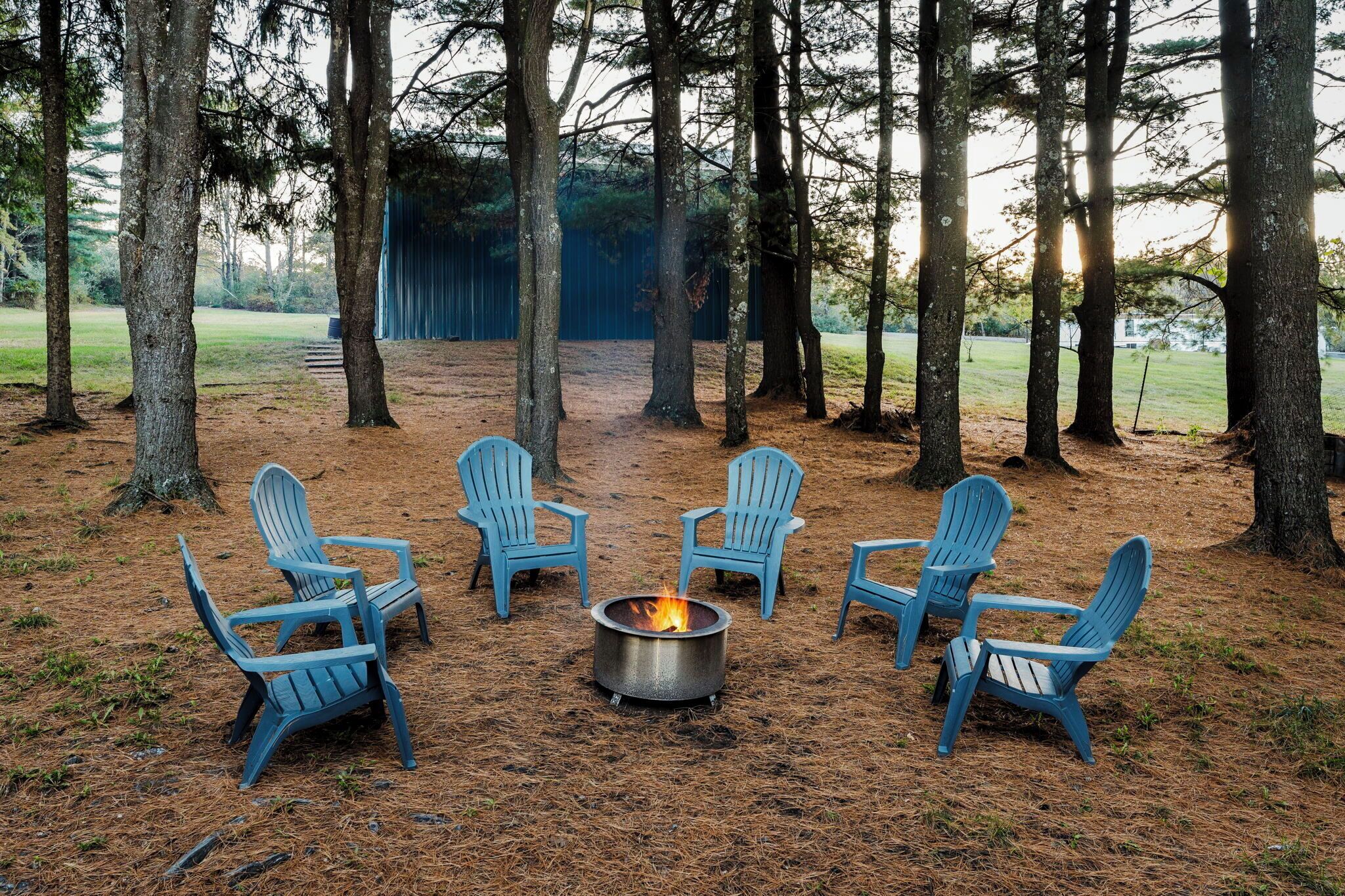 Een boslandschap met een vuurkuil en vier Adirondack-stoelen in een cirkel.