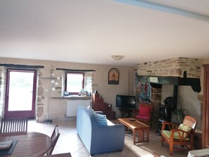 テレビ、暖炉、書庫