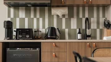 Fridge, microwave, coffee/tea maker, electric kettle