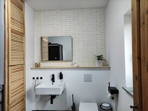 Hair dryer, towels, toilet paper