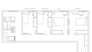 A floor plan of a hotel with four rooms labeled Buenos Aires, Caracas, Lima, and Bogotá. Each room has a bathroom, a bed, and a small seating area. - Caracas: perfect room to live and share in Madrid (Madrid)