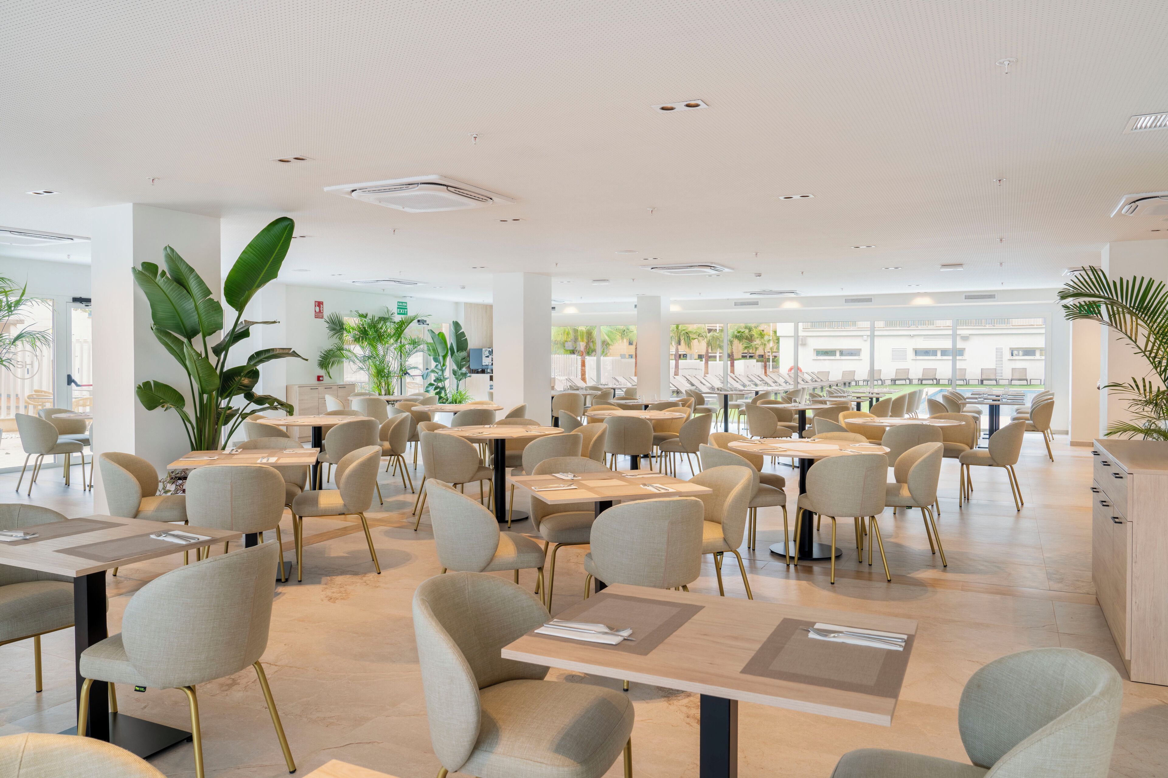 Een ruim restaurant met meerdere tafels en stoelen, grote ramen en binnenplanten.